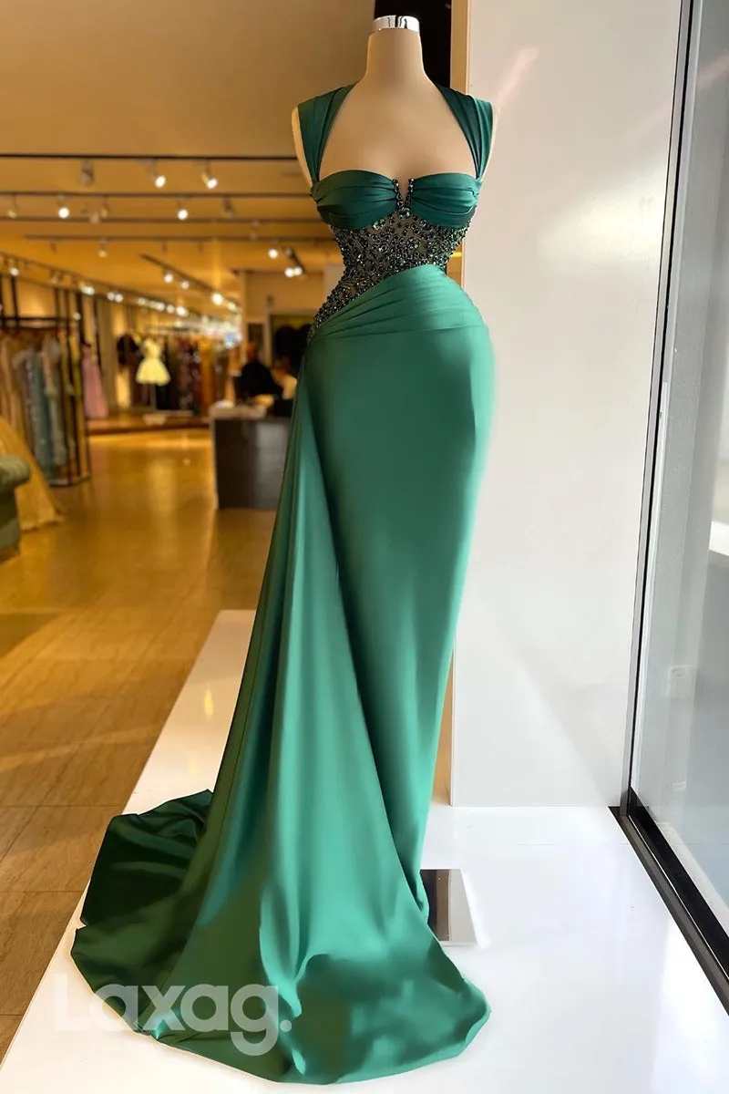 22178 - Queen Anna Beaded illusion Draped Sleek Satin Mermaid Prom Dress with Train