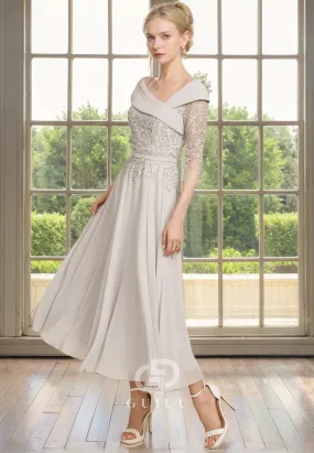 A-Line Off Shoulder 34 Length Sleeves Lace Appliques Pleated Tea Length Mother of Bride Dress