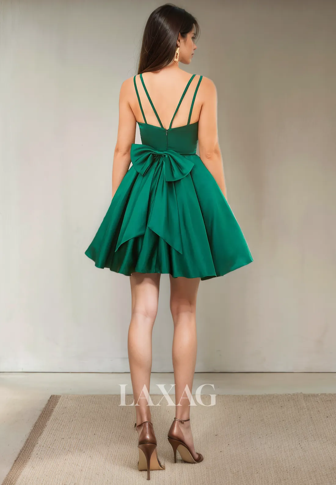 A-Line Spaghetti Straps Sleek Satin Party Homecoming Dress with Bow Detail