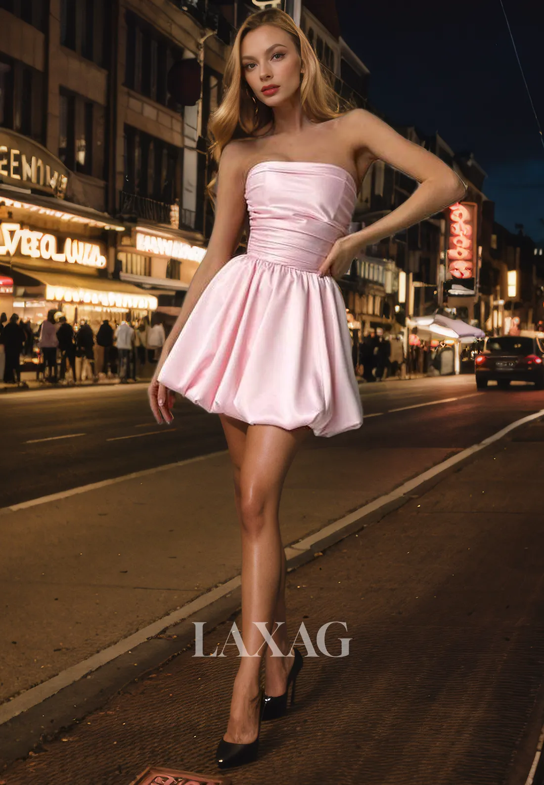 A-Line Strapless Pleated Sleek Satin Elegant Party Homecoming Dress