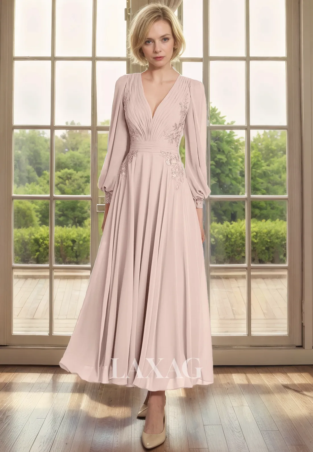 A-Line V-Neck Long Sleeves Appliques Sequins Mother of the Bride Dress