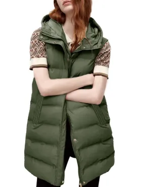 Army Green Women's Long Puffer Vest Casual Sleeveless Puffy Jacket - Tanming