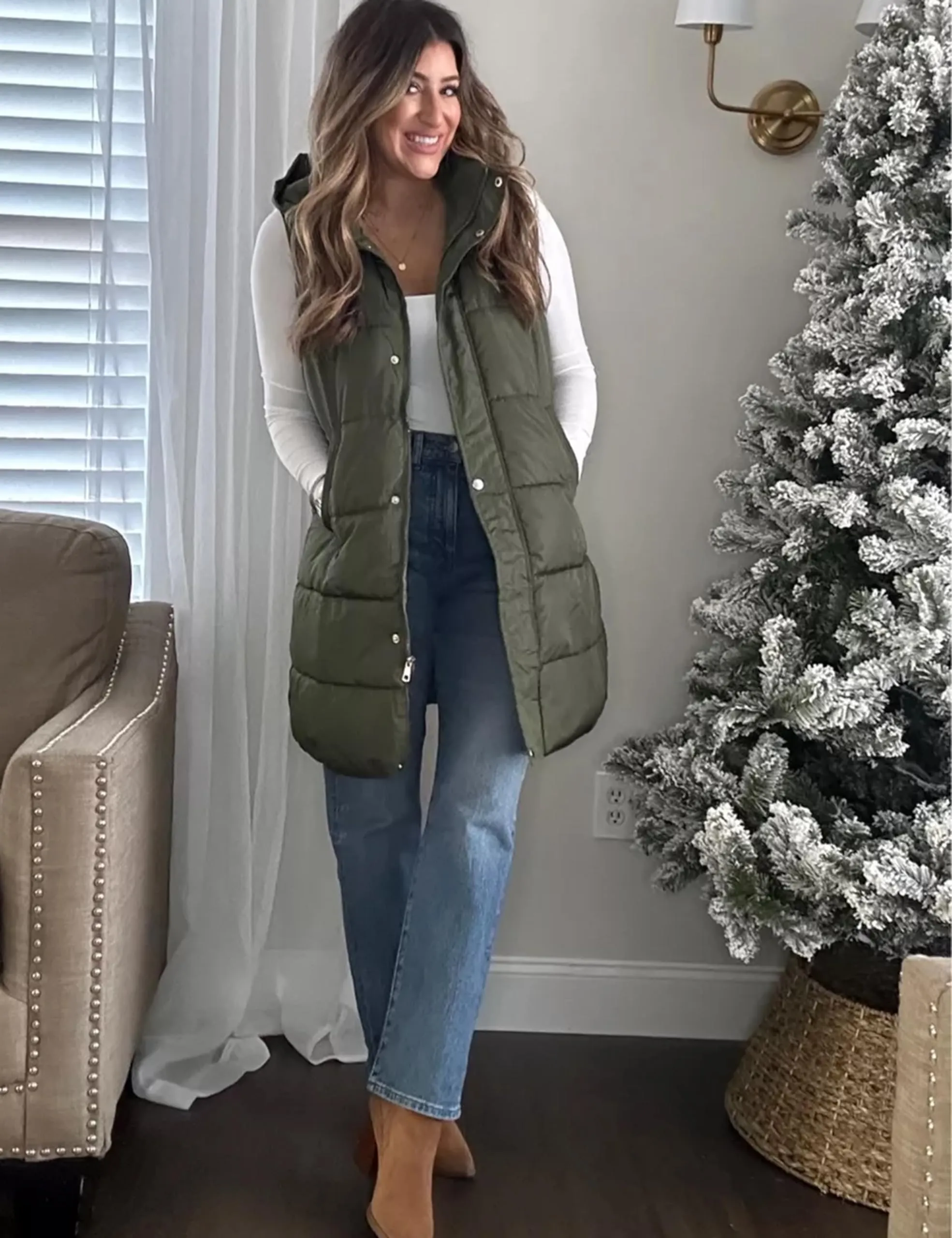 Army Green Women's Long Puffer Vest Casual Sleeveless Puffy Jacket - Tanming