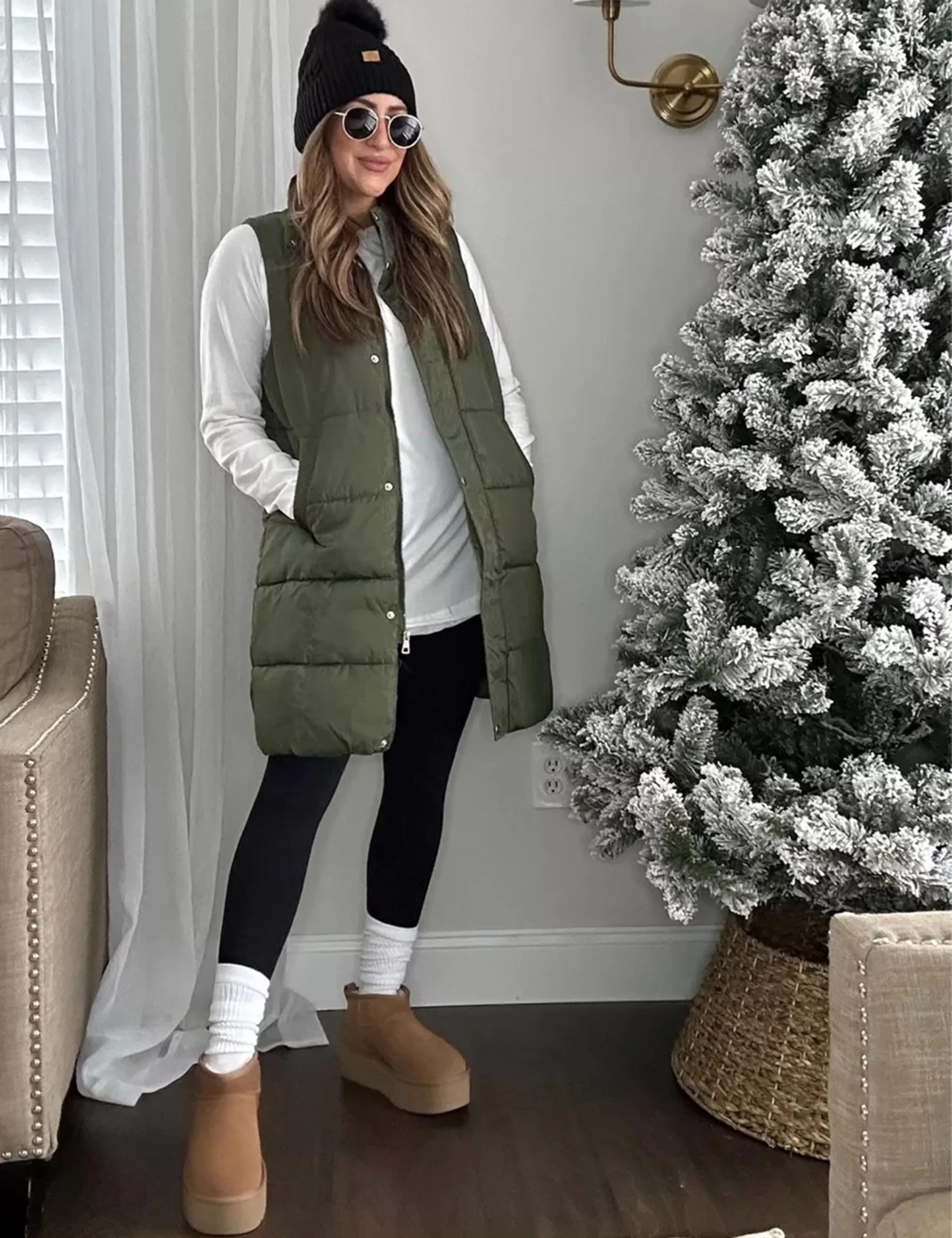 Army Green Women's Long Puffer Vest Casual Sleeveless Puffy Jacket - Tanming