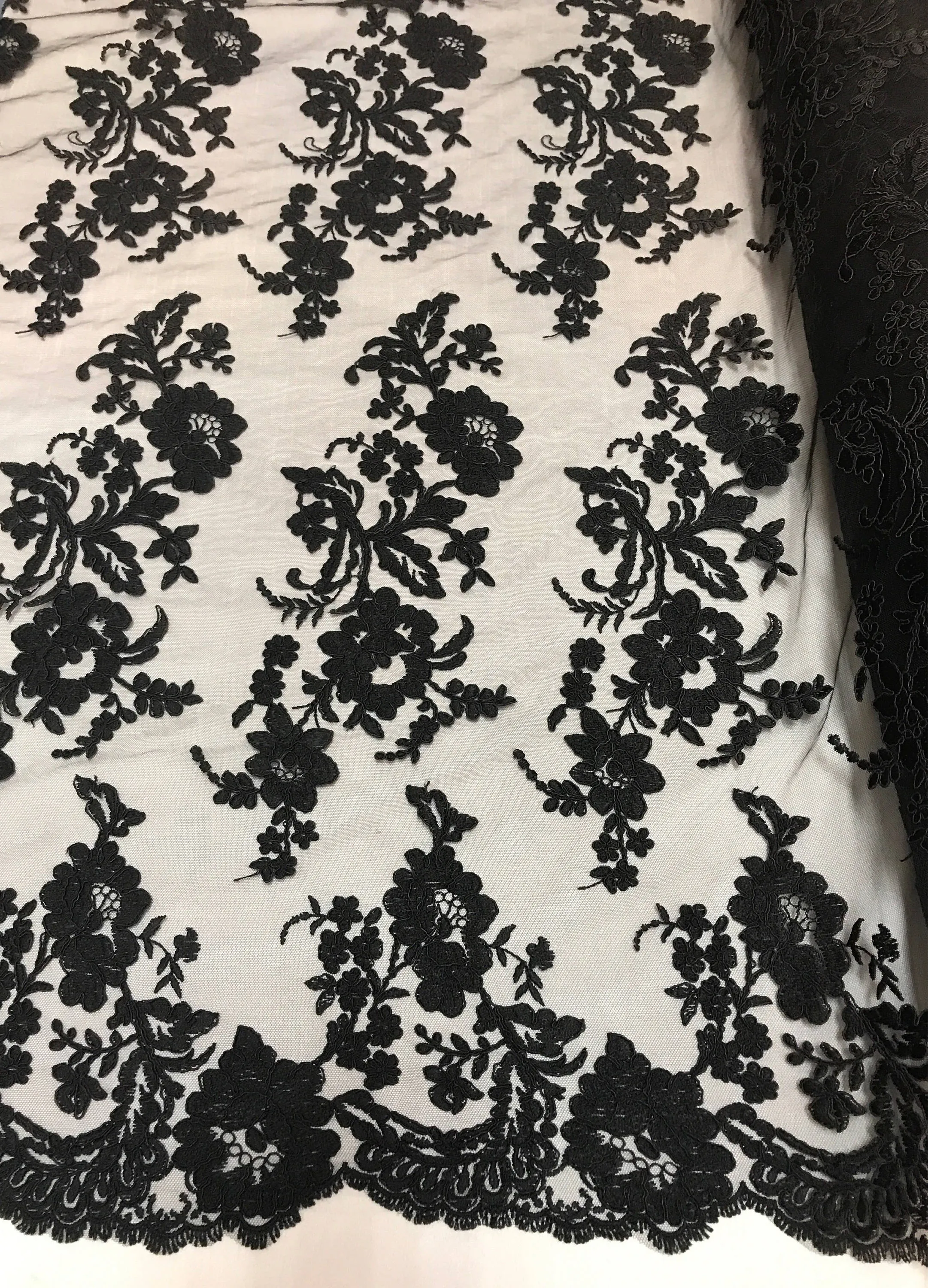 Black floral design embroider and corded on a mesh lace fabric-fashion-decorations-nightgown-prom-apparel-dresses-sold by the yard.