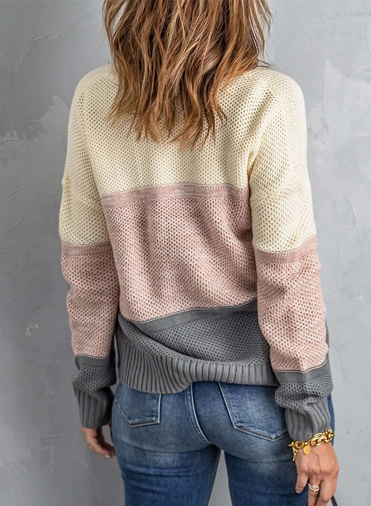 Brown Womens Color Block Sweaters Long Sleeve Crewneck Pullover Knit Jumper Tops - Dokotoo