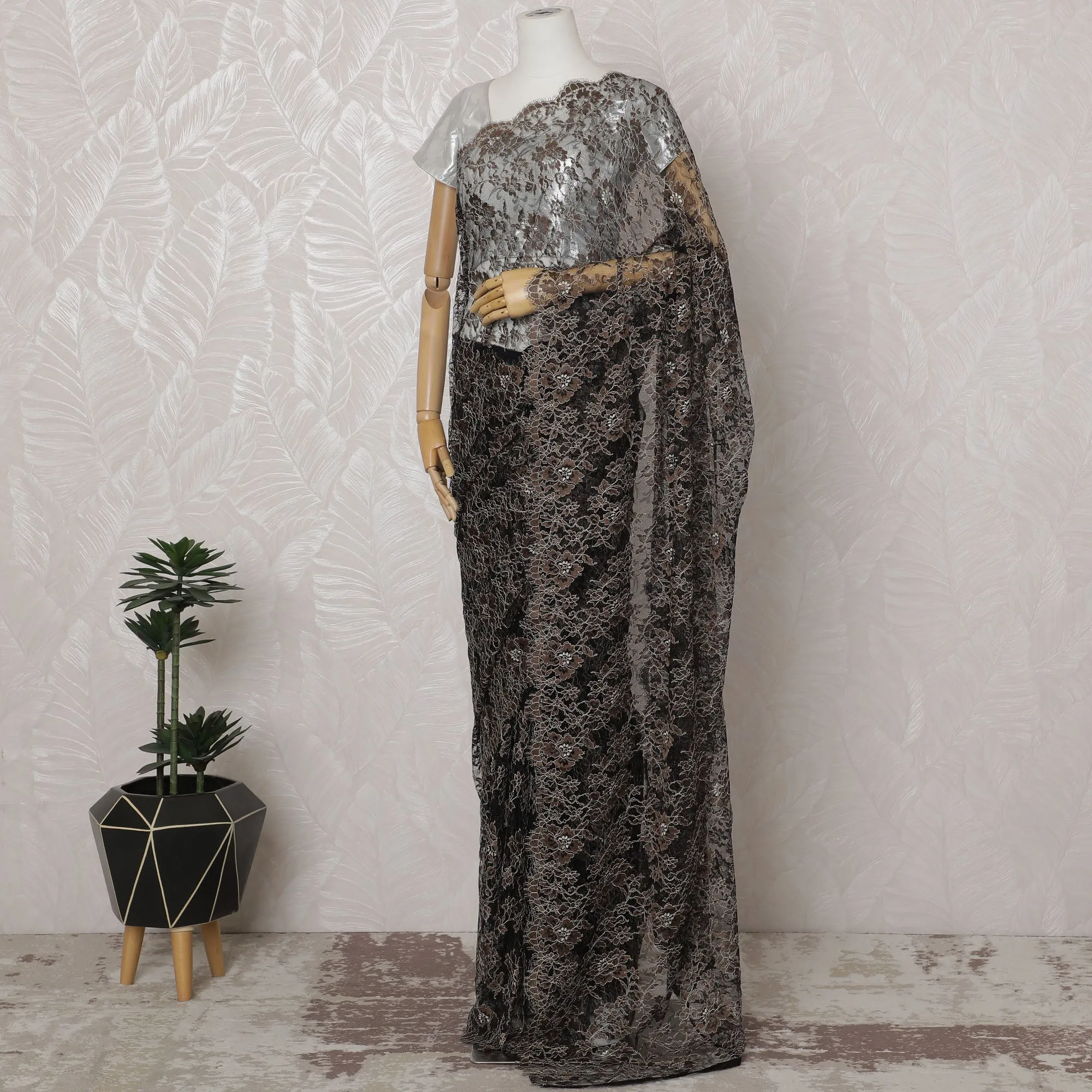 Charcoal and Silver French Two-tone Chantilly Lace Saree - 110 cm Width, 5.5 Meters-D20168