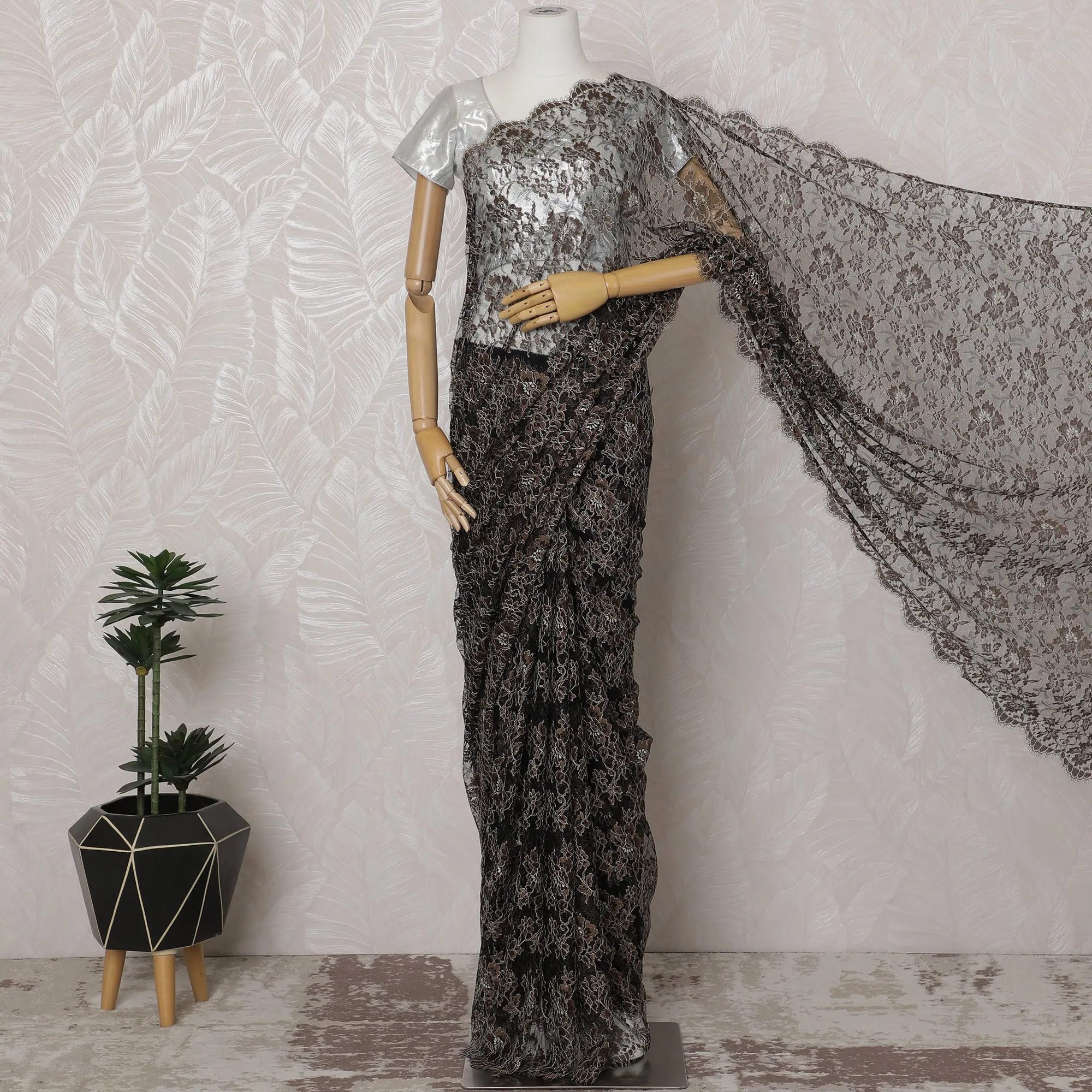 Charcoal and Silver French Two-tone Chantilly Lace Saree - 110 cm Width, 5.5 Meters-D20168