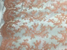 Coral corded french design-embroider with sequins on a mesh lace fabric-prom-nightgown-decorations-sold by the yard-