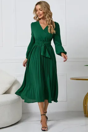 Cristina Flowy Belt Wrap Pleated Midi Dress