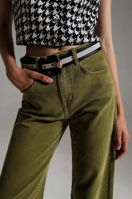 Cropped Wide Leg Jeans In Olive Green