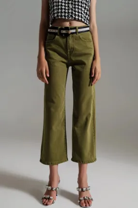 Cropped Wide Leg Jeans In Olive Green