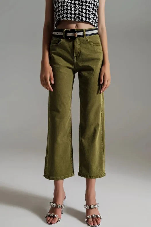 Cropped Wide Leg Jeans In Olive Green