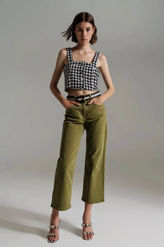 Cropped Wide Leg Jeans In Olive Green