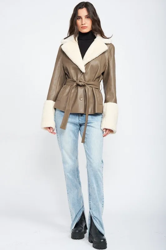 EMORY PARK Belted Faux Shearing Trimmed Jacket