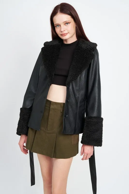 EMORY PARK Belted Faux Shearing Trimmed Jacket