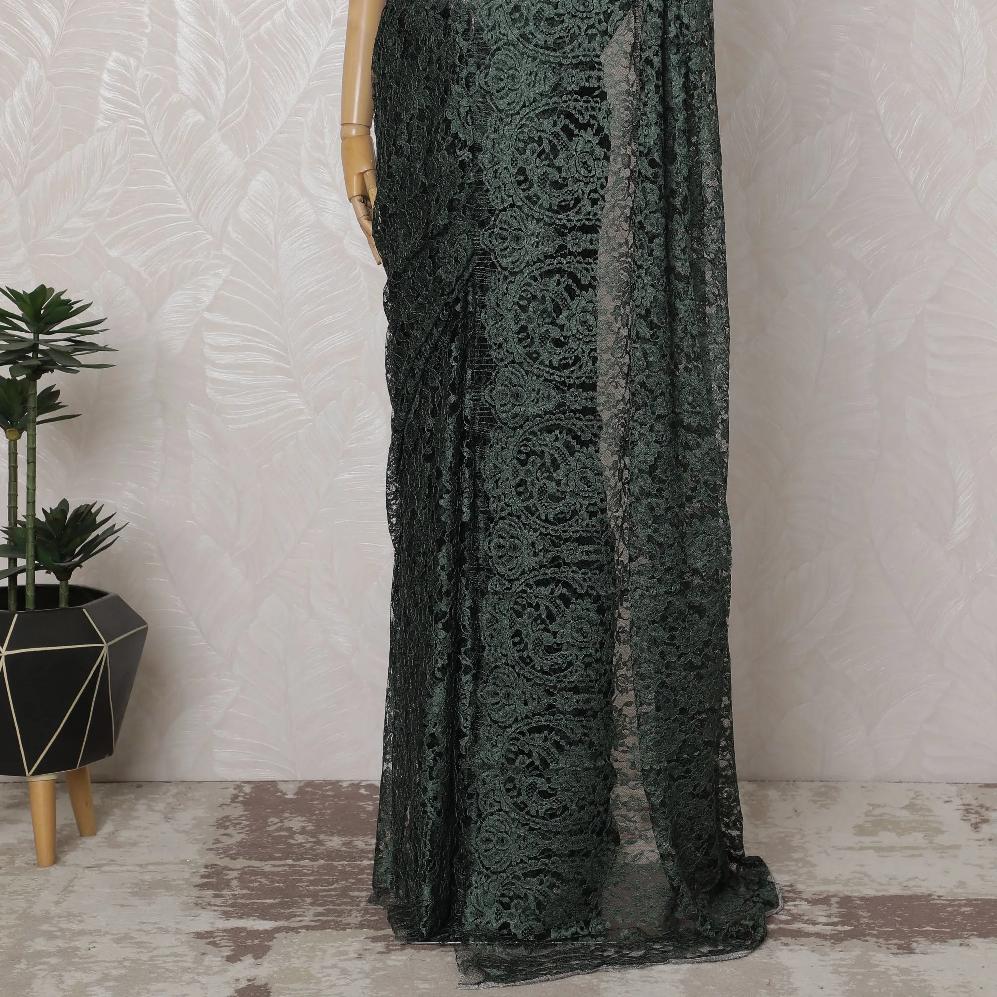 Forest Green and Black French Two-tone Chantilly Lace Saree - 110 cm Width, 5.5 Meters-D20173