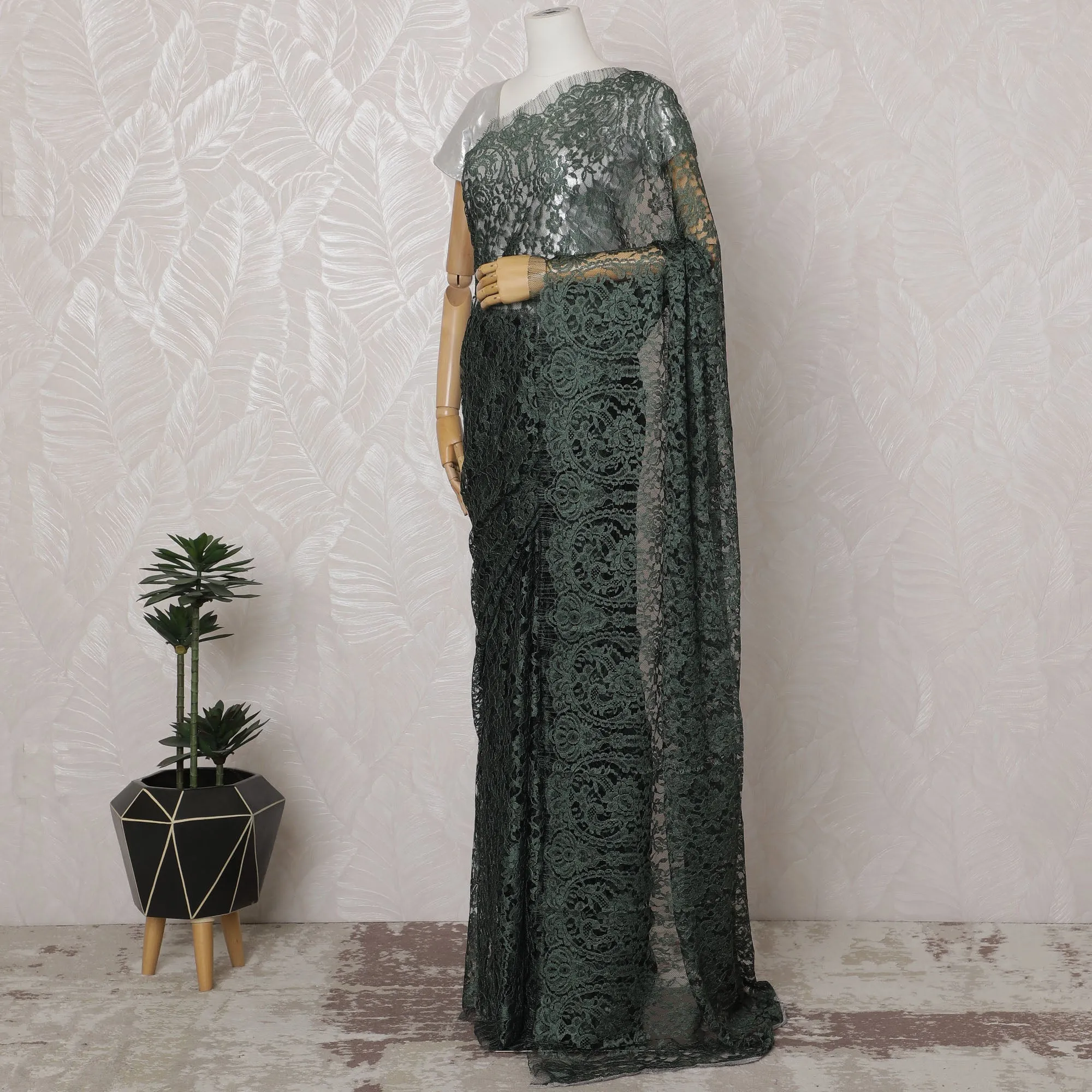 Forest Green and Black French Two-tone Chantilly Lace Saree - 110 cm Width, 5.5 Meters-D20173