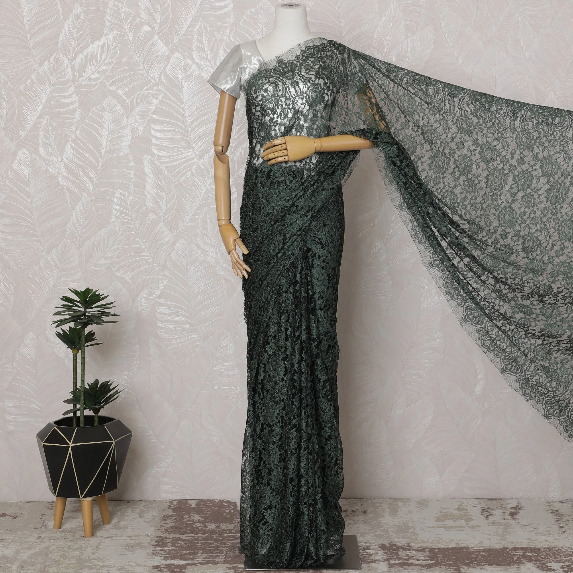 Forest Green and Black French Two-tone Chantilly Lace Saree - 110 cm Width, 5.5 Meters-D20173