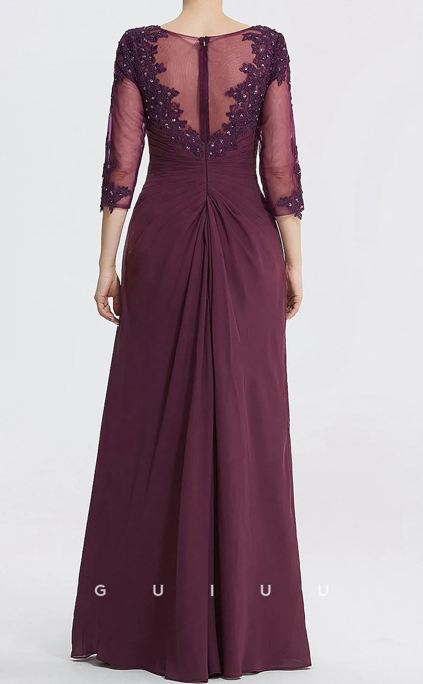 GM074 - Sheath Scoop Neck Floor Length 34 Legth Sleeves Appliques Chiffon Mother of the Bride Dress