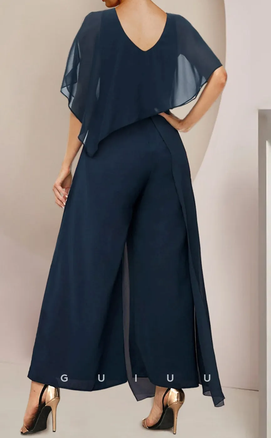 GM095 - Jumpsuits Scoop Neck Half Sleeves Ankle Length Chiffon Mother of the Bride Dress