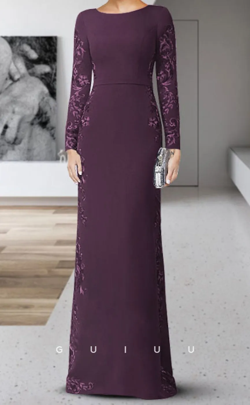 GM124 - Sheath Scoop Neck Floor Length Chiffon Long Sleeve Formal Wedding Guest Mother of the Bride Dress