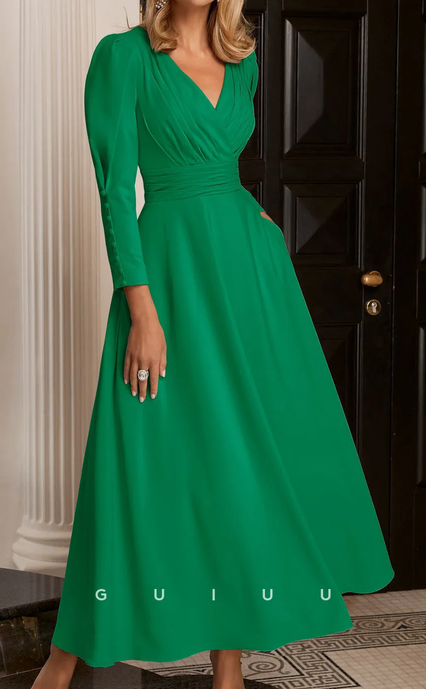 GM146 - A-Line V Neck Long Sleeves Pleated Ruched Mother of Bride Dress