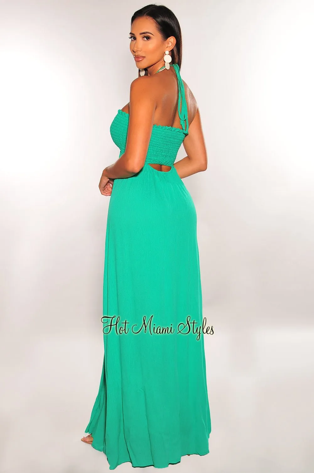 Green Smocked Halter Maxi Dress