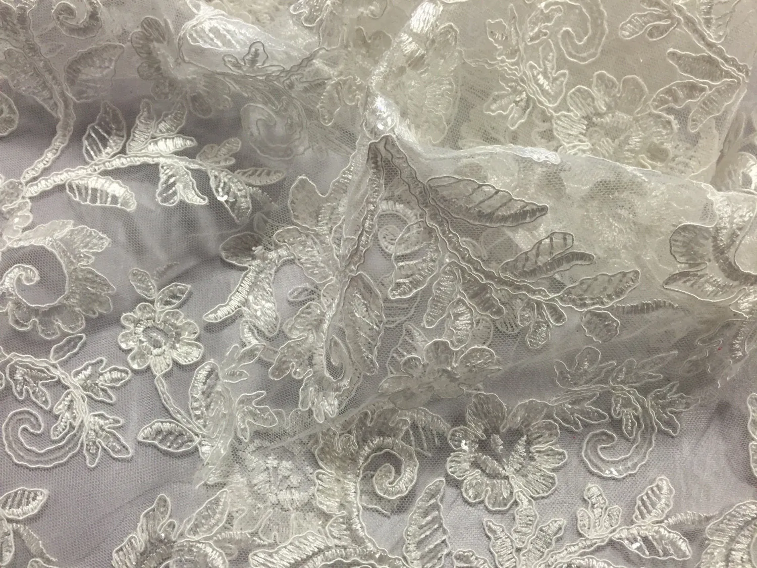 Ivory corded flowers embroider with sequins on a mesh lace fabric-wedding-bridal-prom-nightgown-dresses-fashion-sold by the yard-