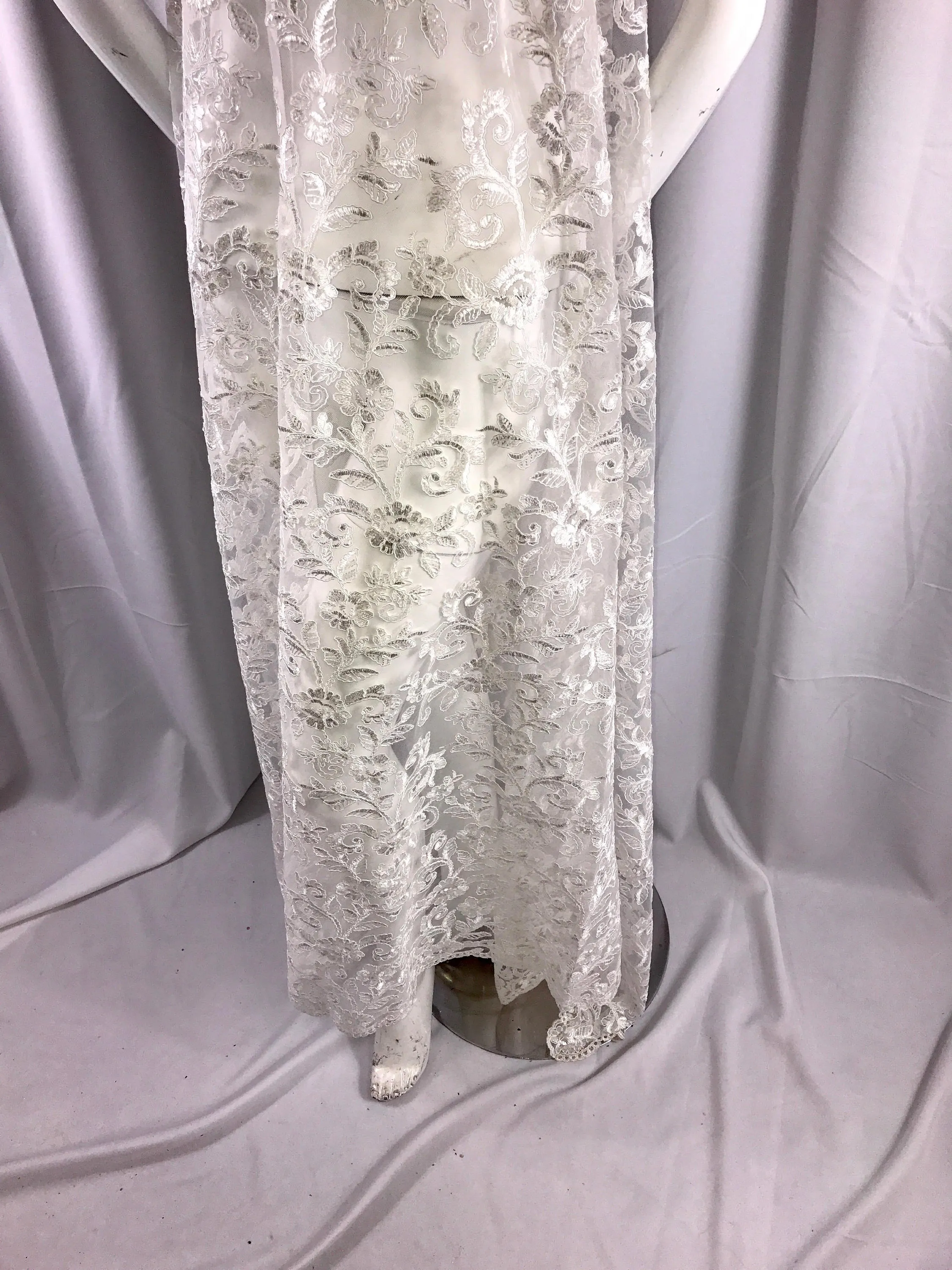 Ivory corded flowers embroider with sequins on a mesh lace fabric-wedding-bridal-prom-nightgown-dresses-fashion-sold by the yard-