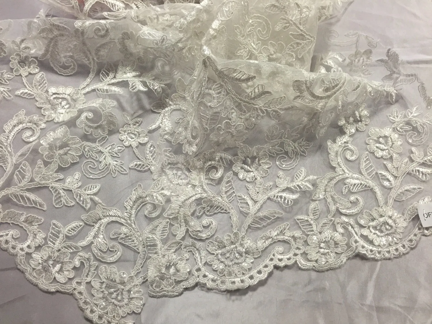 Ivory corded flowers embroider with sequins on a mesh lace fabric-wedding-bridal-prom-nightgown-dresses-fashion-sold by the yard-