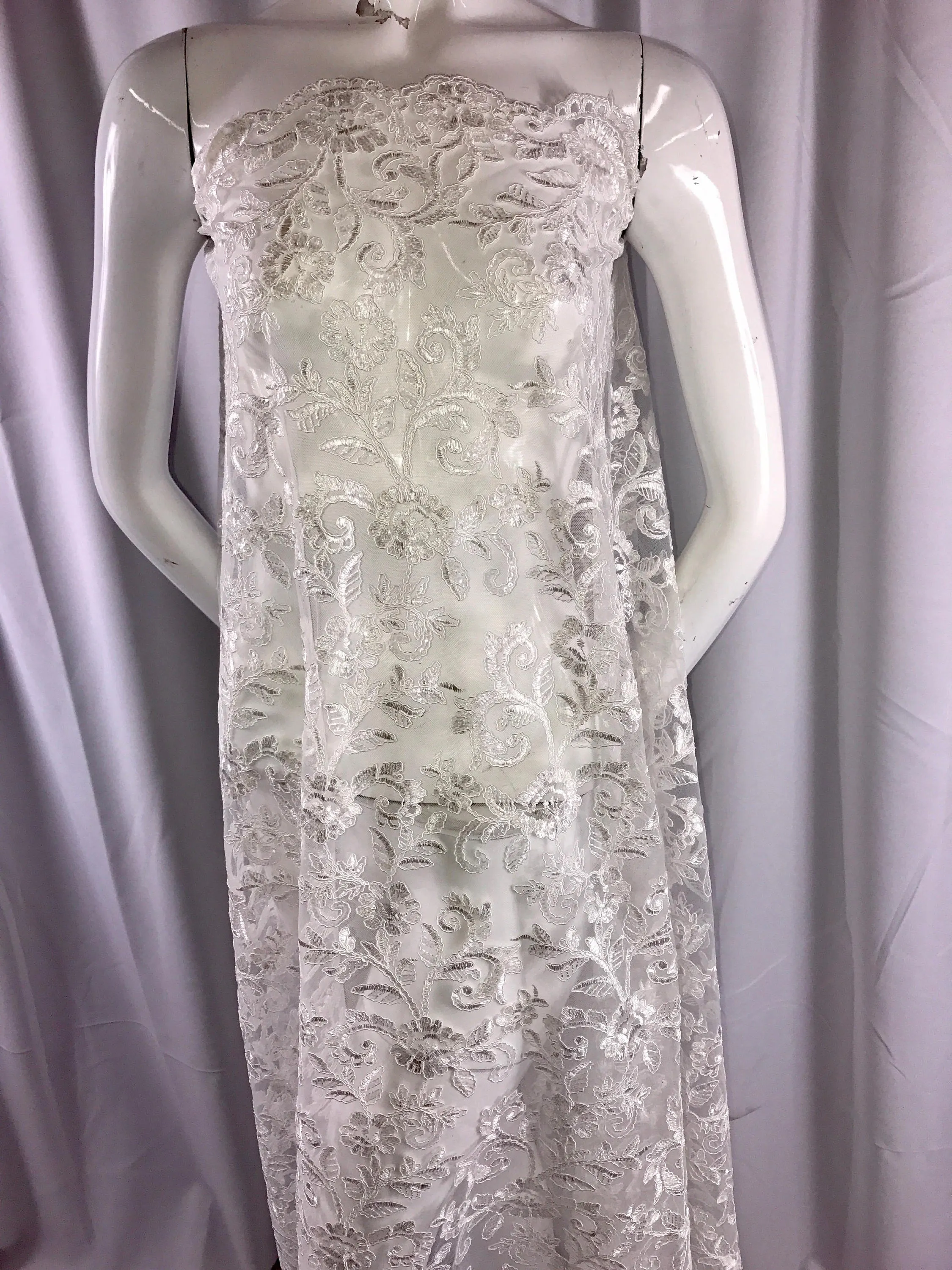 Ivory corded flowers embroider with sequins on a mesh lace fabric-wedding-bridal-prom-nightgown-dresses-fashion-sold by the yard-