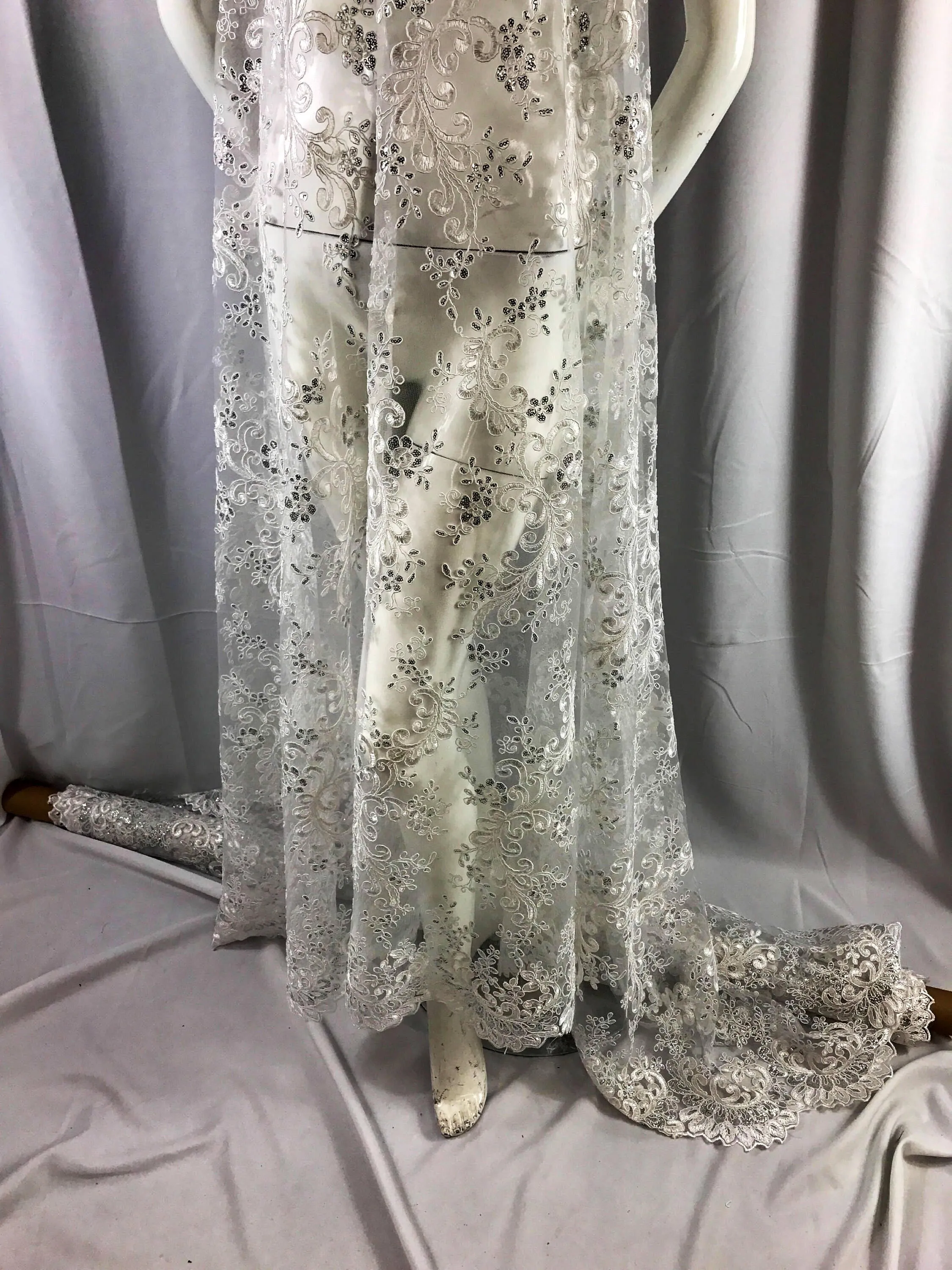 Ivory french corded design-embroider with sequins on a mesh lace fabric-prom-nightgown-decorations-dresses-sold by the yard