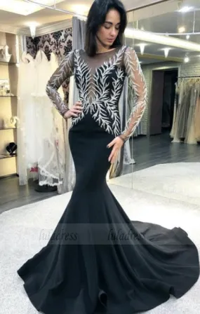 Jewel Black Prom Dresses Long Sleeves Appliques Mermaid Evening Gowns