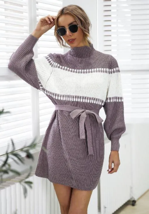 Knitted dress half high collar Lantern Sleeve color contrast