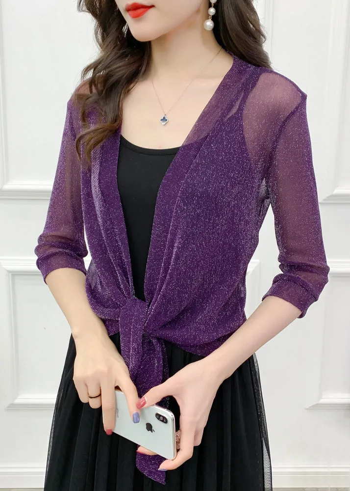 Loose Purple V Neck Bright Silk Tulle Cardigans Summer AS1025