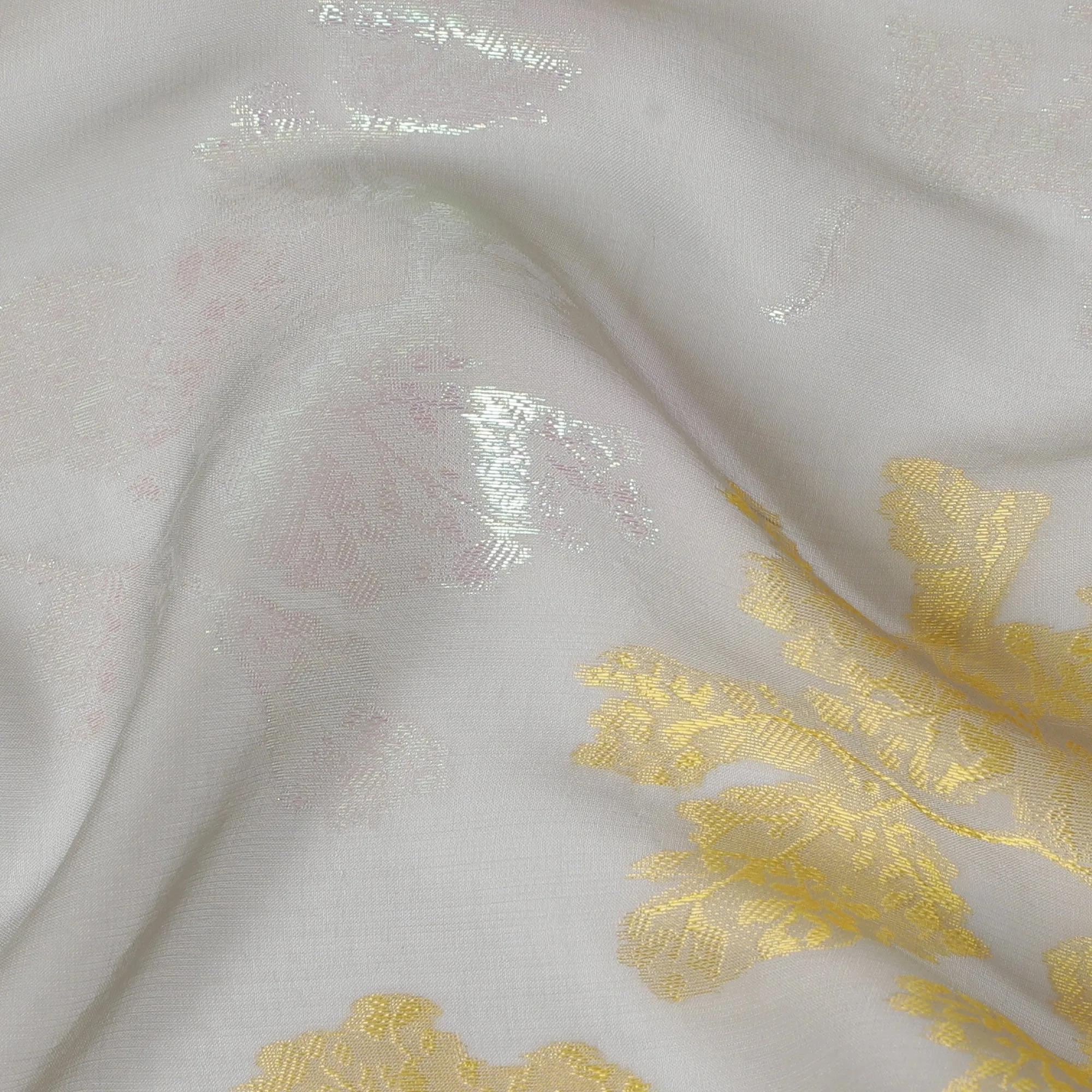 Luxurious Grey Silk Chiffon Fabric with Gold Lurex Floral Accents, 110 cm Width - Imported from South Korea-D20235