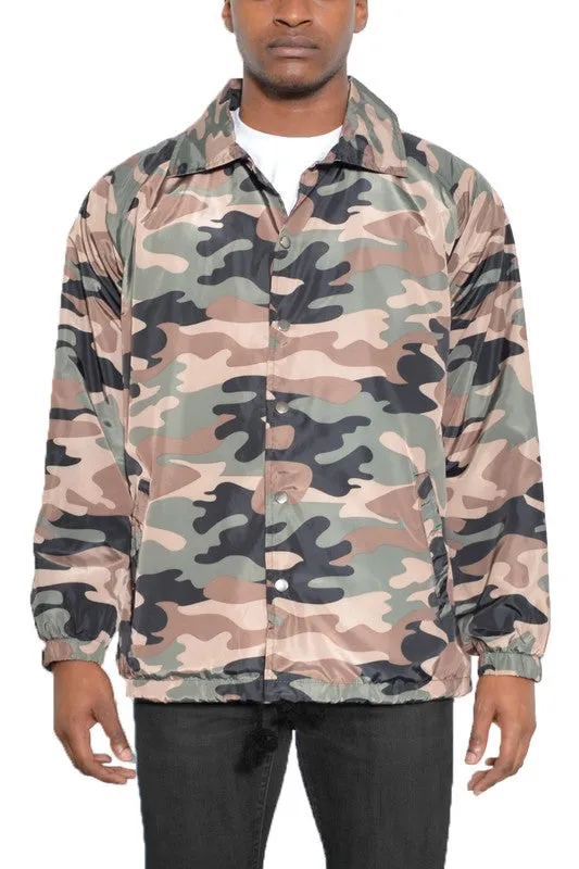 Men's Blue Camo Print Windbreaker Style Long Sleeve Jacket