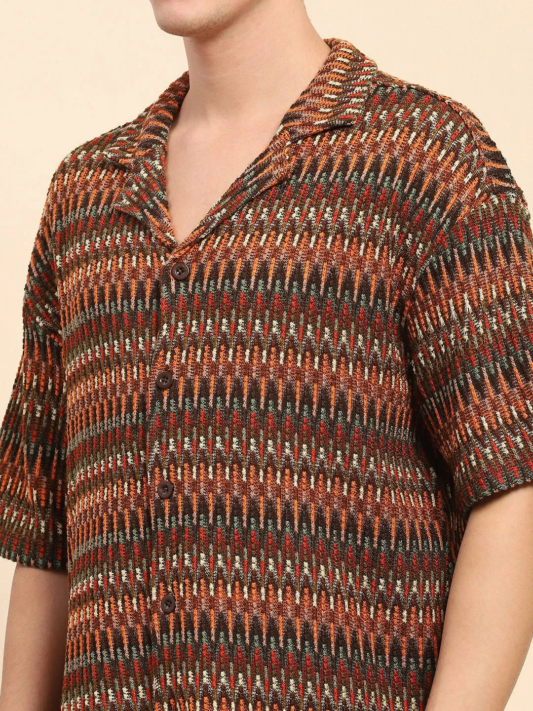 Multicolor Knitted Poly Blend Textured Loose Fit Casual Shirt