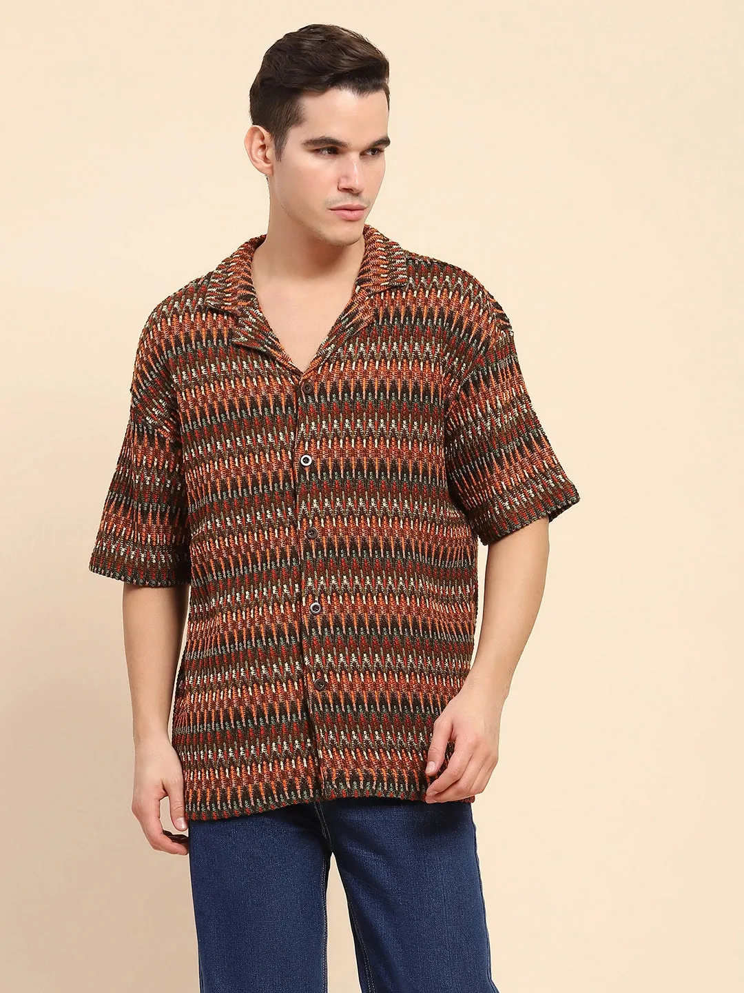 Multicolor Knitted Poly Blend Textured Loose Fit Casual Shirt