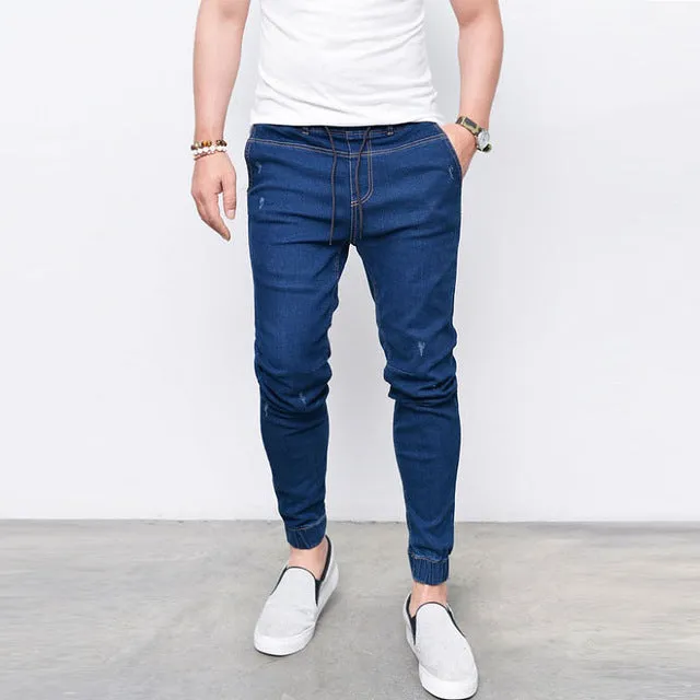 New Brand Men's Harem Jeans Legging Denim Pants Elastic Feet Pants Men Hip Hop Rap Blue Jeans Skinny