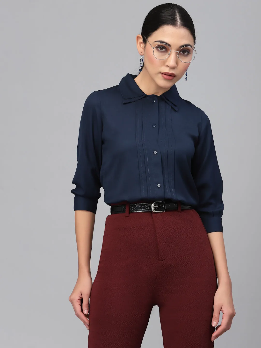 Style Quotient Women Navy Blue Smart Formal Shirt