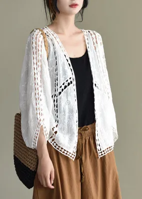 Stylish White Hollow Out Embroideried Loose Cardigans Batwing Sleeve