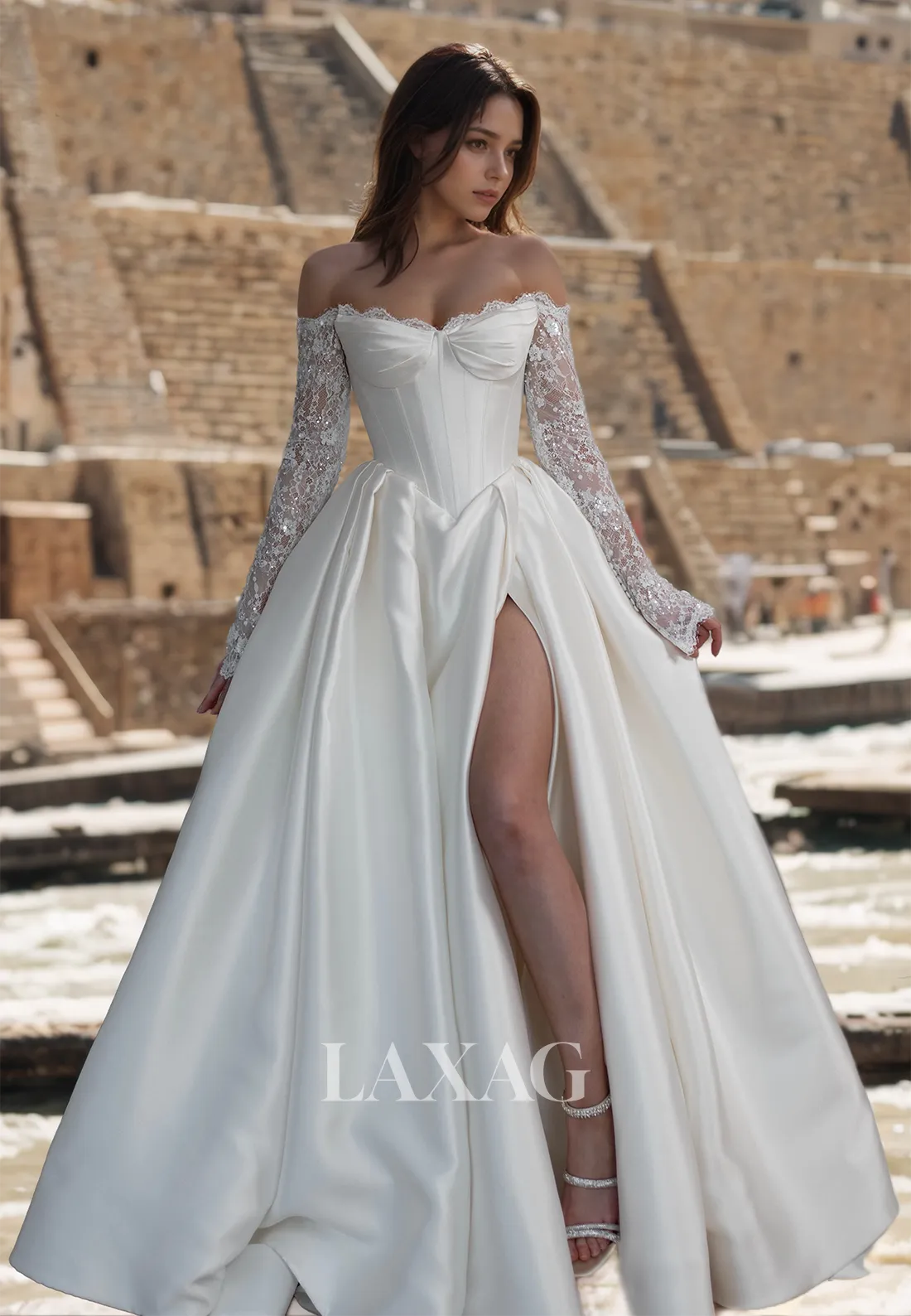 Sweetheart Lace Long-Sleeves Bride Gowns Off-Shoulder Pleated Satin A-Line Wedding Dress with High Slit