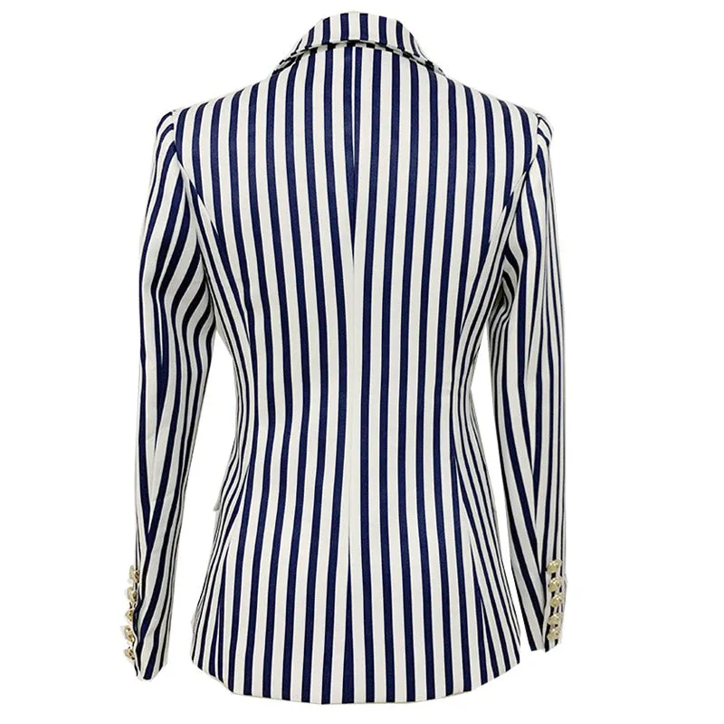 Trendy Vertical Stripe Double Breasted Collared Blazer - White