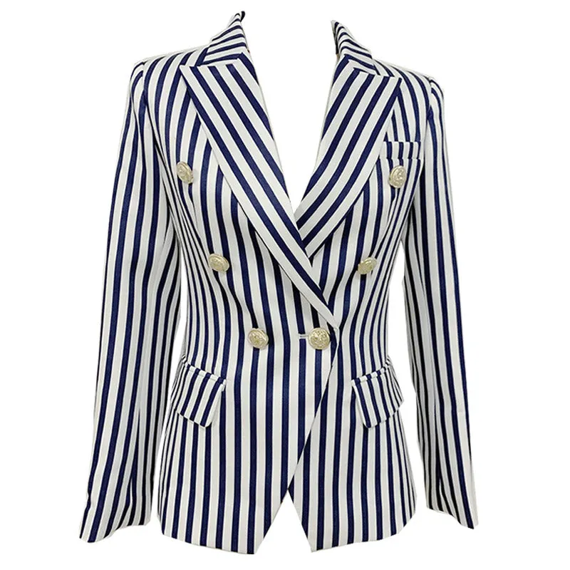 Trendy Vertical Stripe Double Breasted Collared Blazer - White