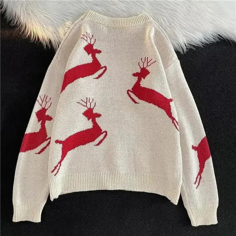 Ulla - Warm knitted sweater with Christmas deer print for women