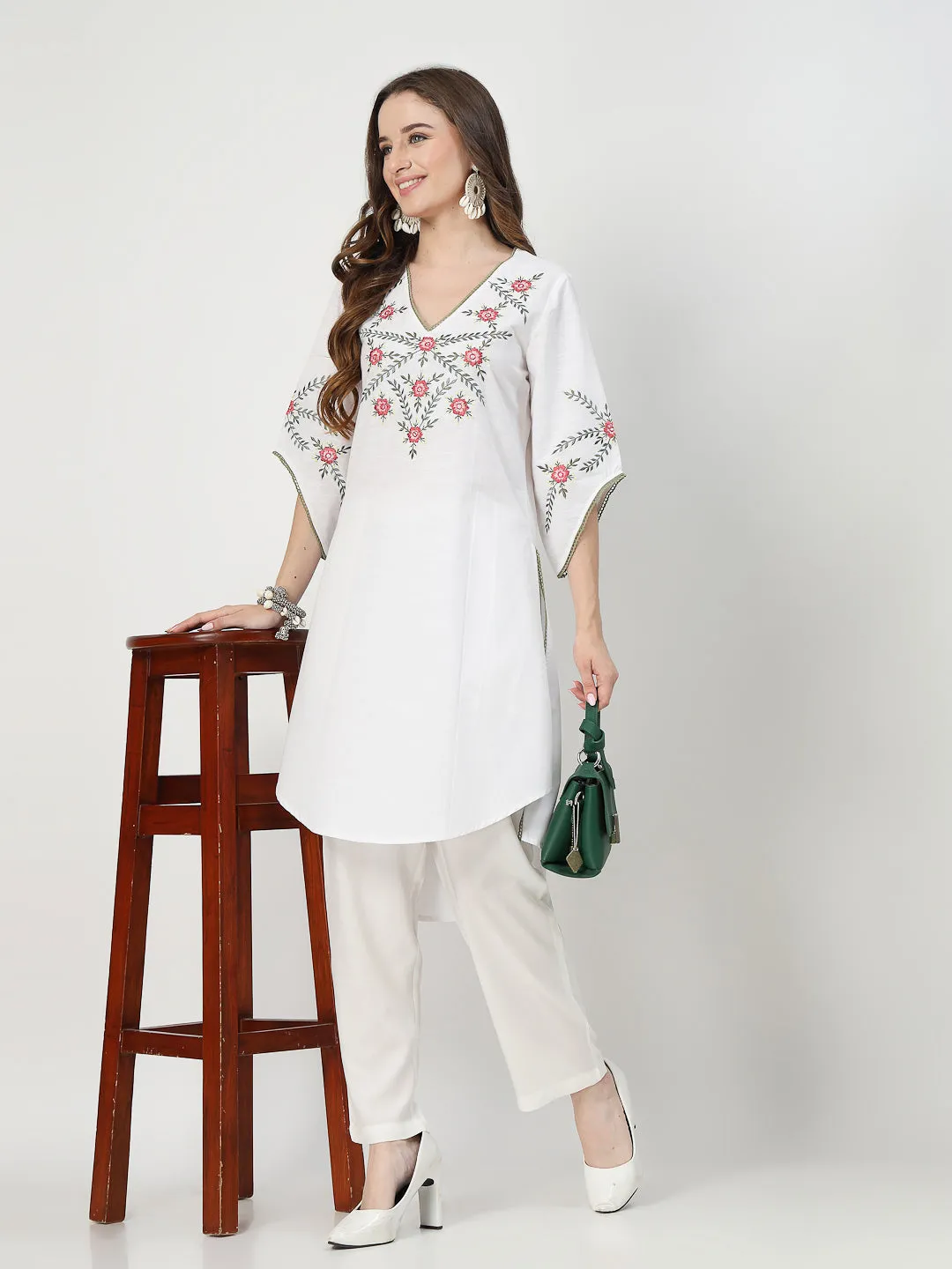 White Embroidered Kurta Set with Delicate Lace Detailing