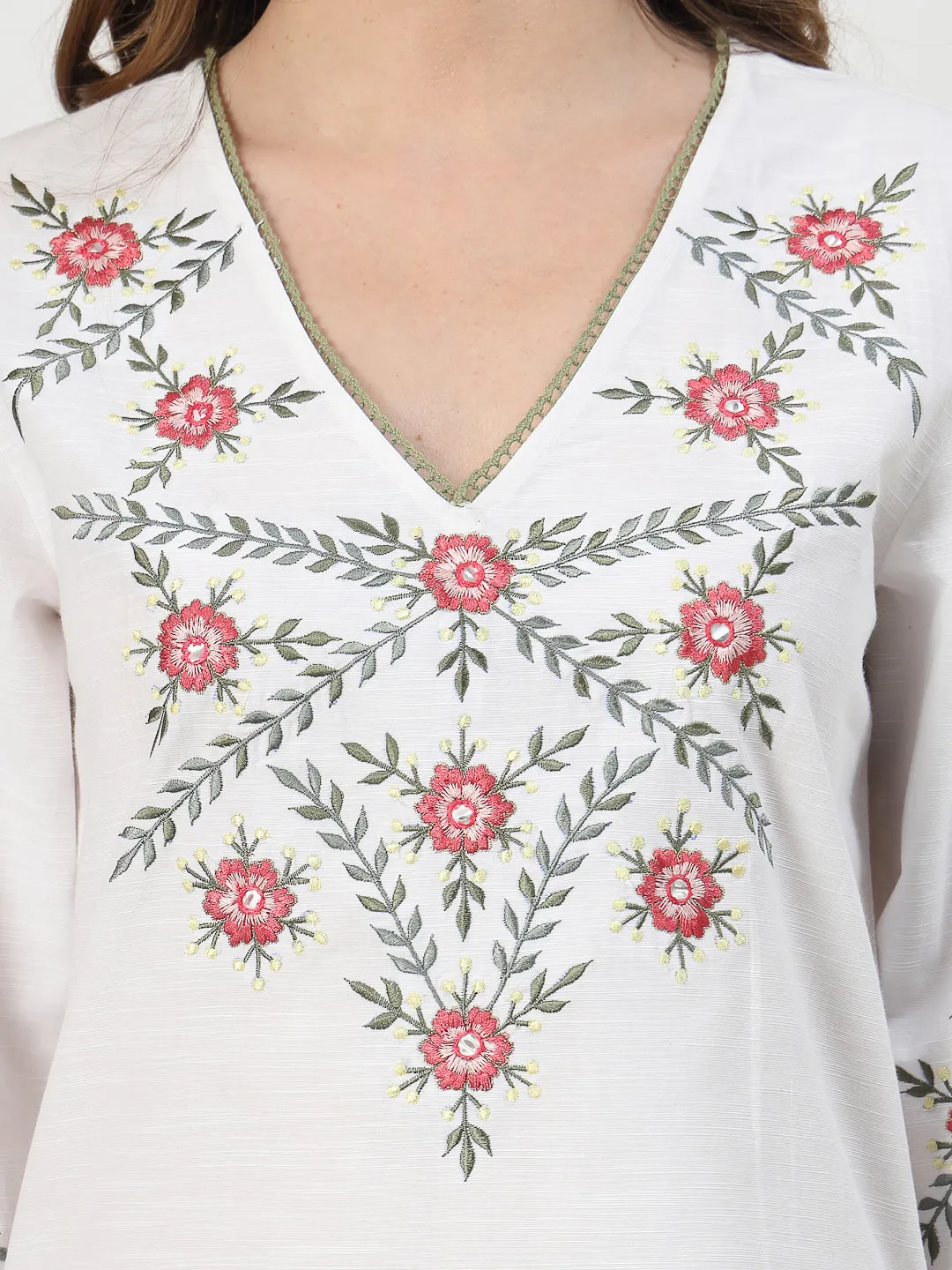 White Embroidered Kurta Set with Delicate Lace Detailing