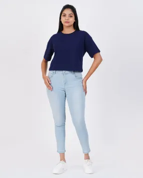 Women Denim Blue Crop Tees